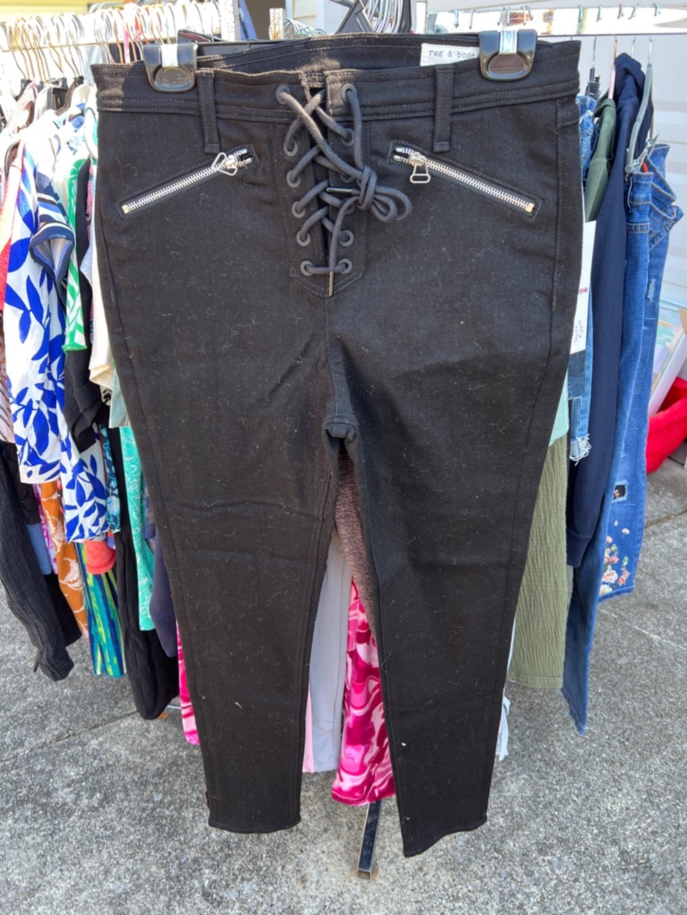 rag & bone Black Lace-Up Skinny Chinos with Silver Zippers